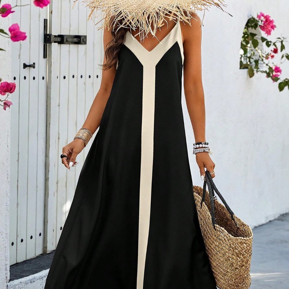 Black Casual Women's Colorblock Spaghetti Strap Dress - Picture 5 of 5